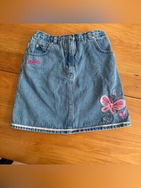 Vintage Barbie Blue Denim A-Line Skirt Pink Butterfly Embroidery Size 7/8 Girls